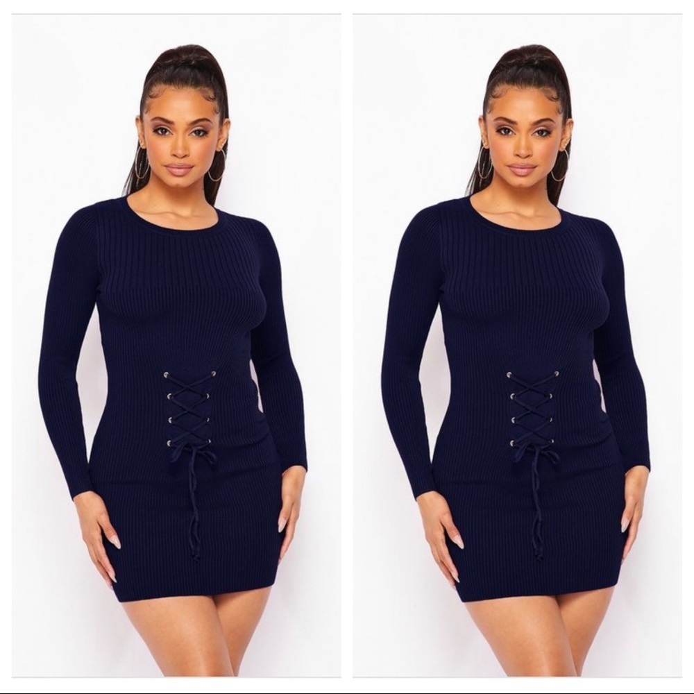 NEW TRENDY NAVY BLUE RIBBED LONG SLEEVE KNIT FRONT LACE UP WAIST BELT MINI DRESS